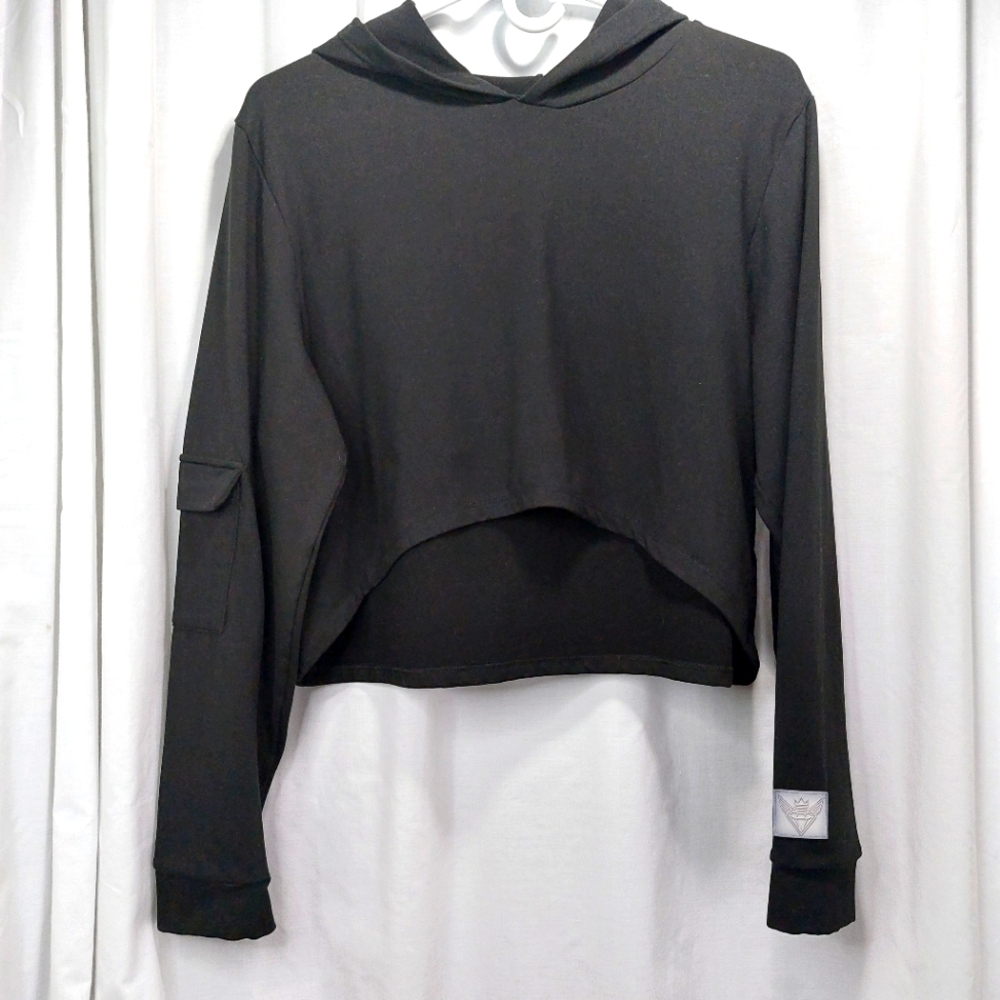 Jewel House Crop Hoodie Womens SIZE 2X Black High Low Sleeve Pocket‎